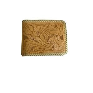 Vintage Hand-Tooled Genuine Goat Leather Floral Bifold Wallet Western Boho NOS